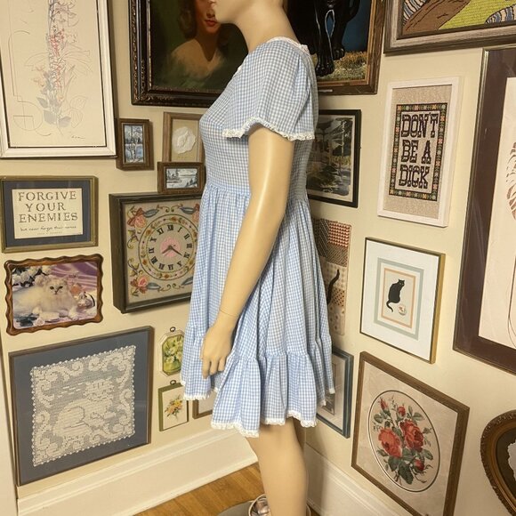 Vintage Blue Gingham Puff Sleeve Dress With Lace Trim & Square Neckline Size XL - Picture 4 of 5